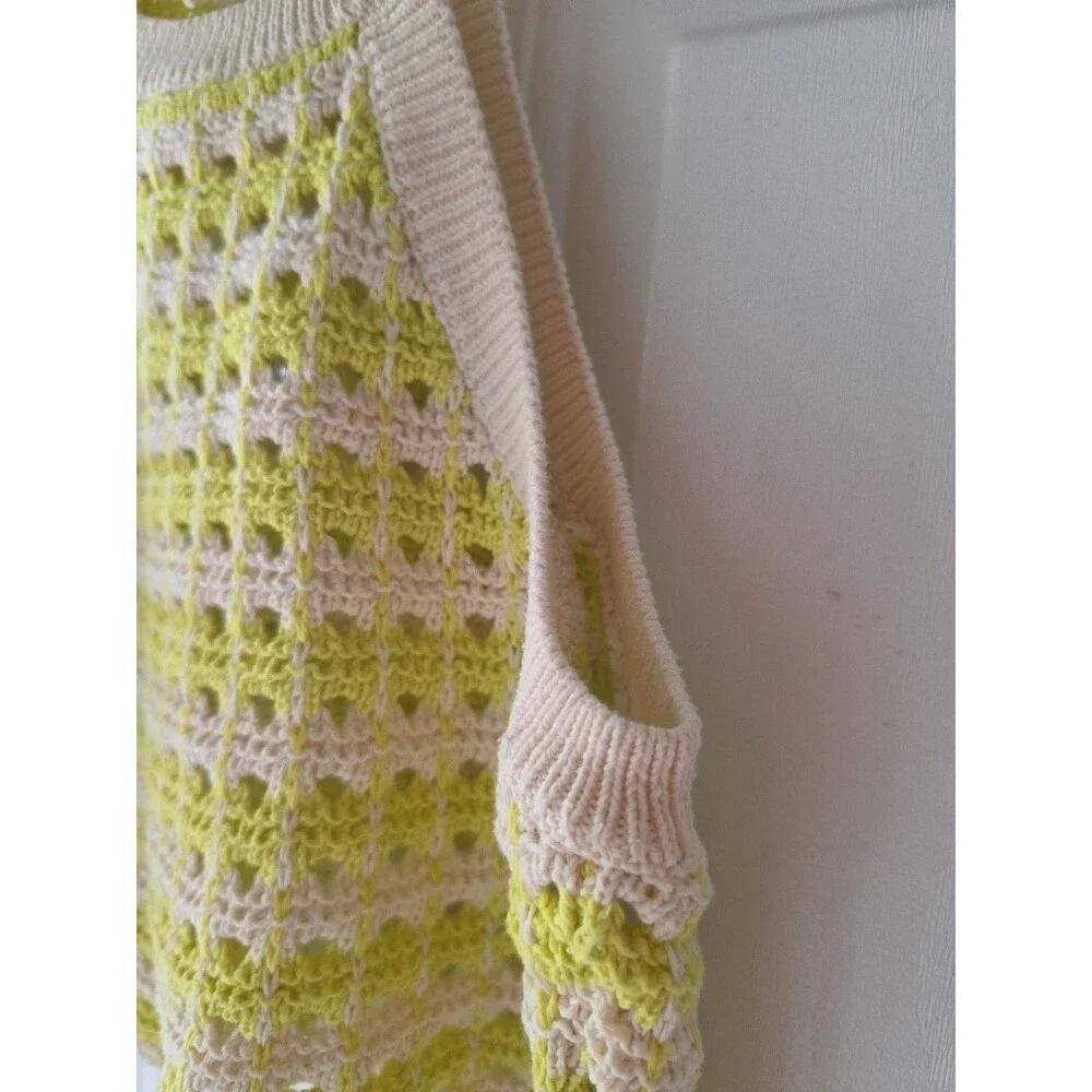 Zara Kids Girls Open Crochet Knit Halter Boho Top Lime Green & Cream Size 13-14